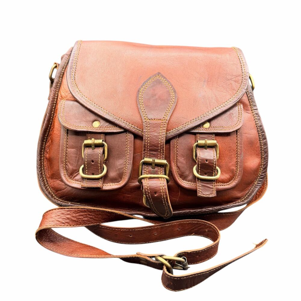 Firu Handmade Leather Crossbody Satchel Brown Buckle Messenger Bag